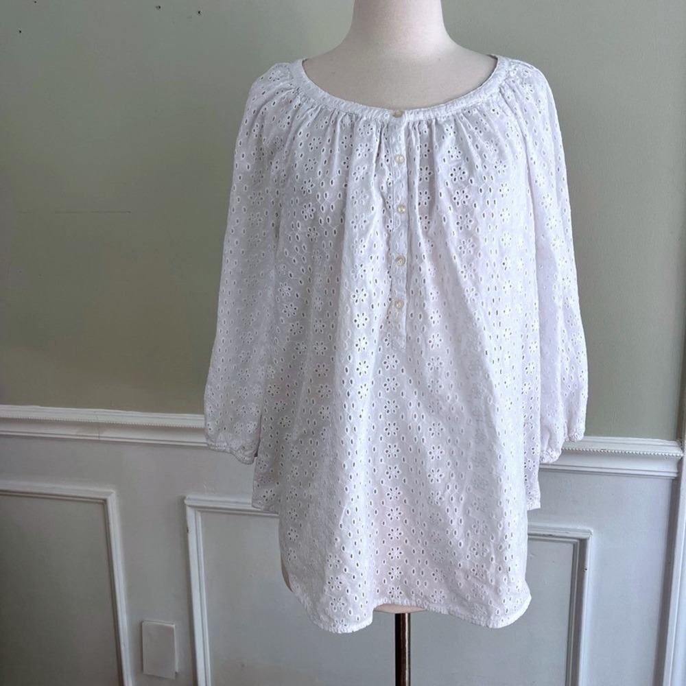 Chaps Eyelet Blouse Womens Medium White 3/4 Sleeve Boho Peasant Top Cotton